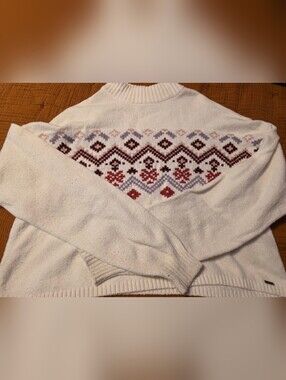 Hollister White Crewneck Sweater with Pink & Burgundy Fair Isle